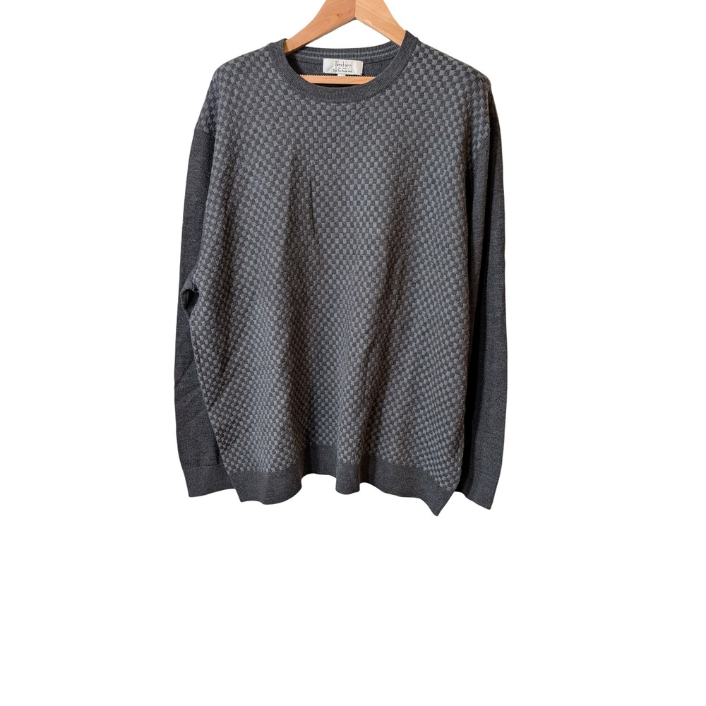 Turnbury Mens XXL Extra Fine Merino Wool Sweater Gray Checkered Crewneck Knit